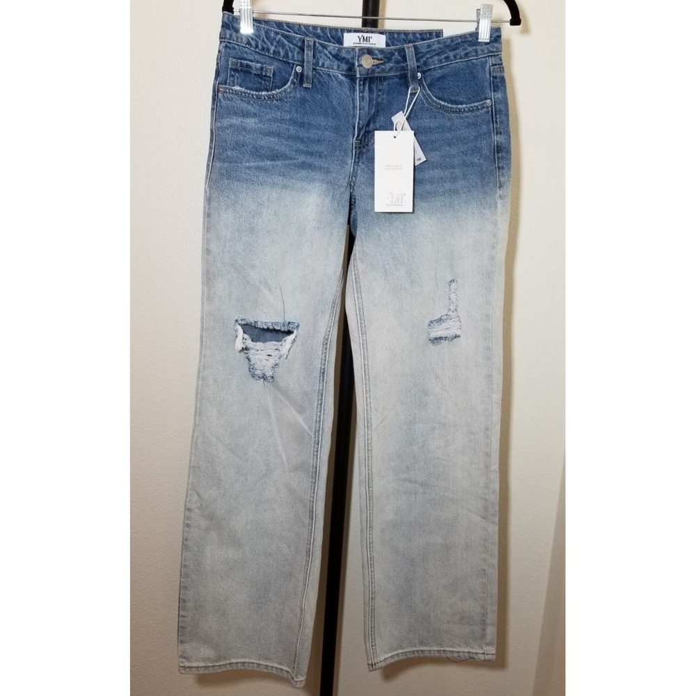 YMI Jeans Womens Size 3/26 Ombre Distressed Wide Leg Jeans Retro Festival NWT